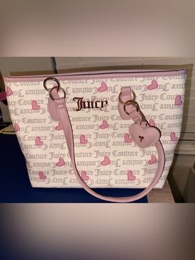 Juicy Couture White and Pink Heart Print Tote